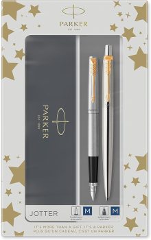 Parker Jotter Duo Set con Penna a Sfera e Penna Stilografica in Acciaio Inox con Finiture in Oro. (B07TVTG7LC)