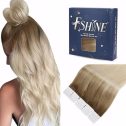 Fshine Extension Biadesivo Remy Capelli 50g 35CM 20Pcs Extension Adesive Capelli Veri Castano Scuro A Castano Cenere Con Balayage Biondo...